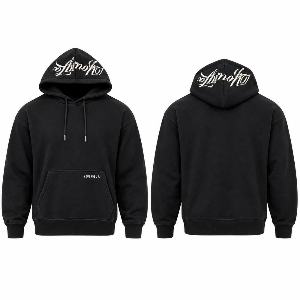 YoungLA Mens Model 549 YLA2281 Washed Black Cotton Hooded Sweatshirt Medium